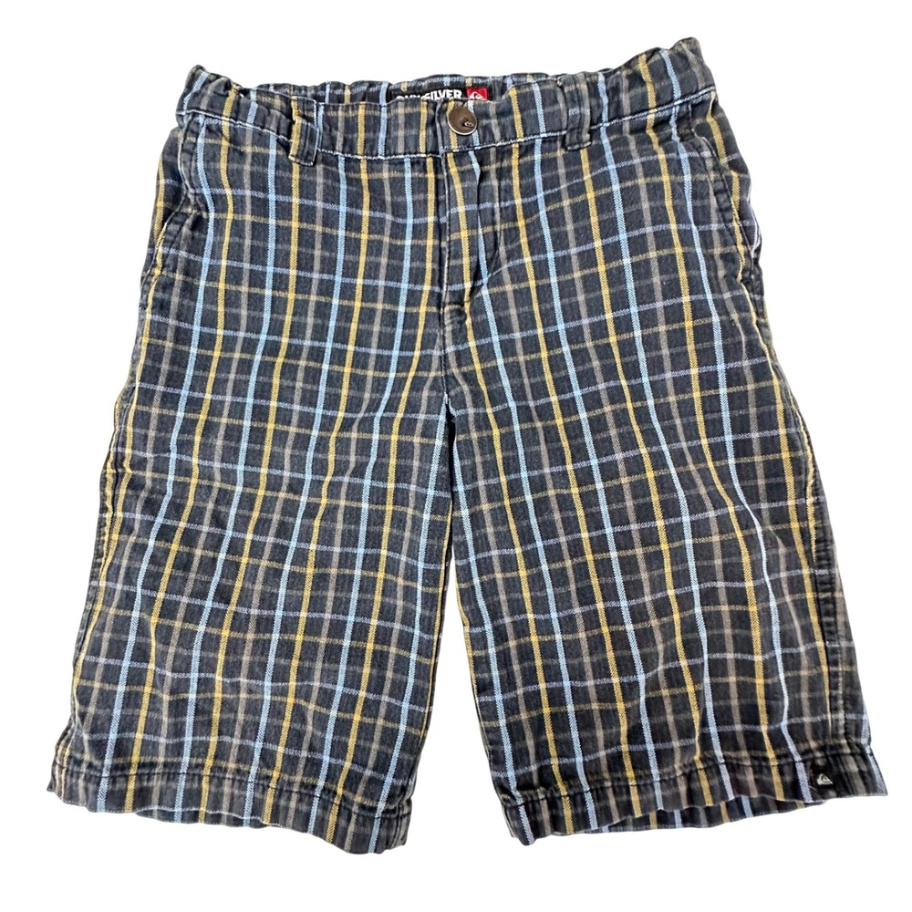 Quiksilver Plaid Shorts Kids Size XL(7X) Black Blue Brown 100% Cotton Skater